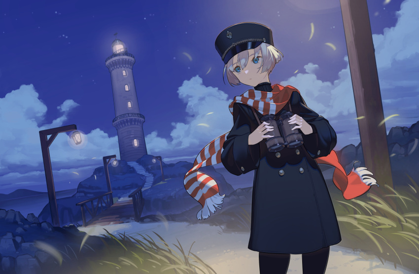 1other ambiguous_gender binoculars black_legwear blue_coat blue_eyes bridge buttons clouds cloudy_sky coat female_service_cap highres hks_(timbougami) horizon lamppost lighthouse looking_afar night original pantyhose red_scarf scarf scenery short_hair silver_hair sky solo standing striped striped_scarf turtleneck