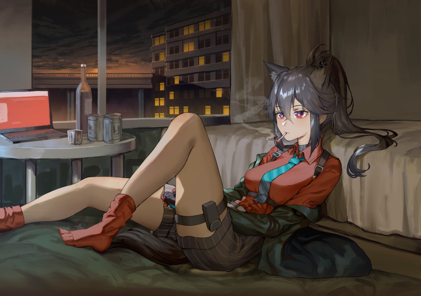 1girl absurdres animal_ears arknights bangs bed black_choker black_hair black_jacket black_shorts blue_neckwear bottle breasts building choker cigarette collared_shirt computer controller cup earrings expressionless extra_ears eyebrows_visible_through_hair game_controller hair_between_eyes highres huge_filesize indoors jacket jewelry laptop leaning_back long_hair long_sleeves medium_breasts mouth_hold necktie off_shoulder open_clothes open_jacket playing_games ponytail red_eyes red_legwear red_shirt shirt shorts sidelocks sitting smoke smoking socks solo striped striped_neckwear table tail texas_(arknights) texas_(willpower)_(arknights) thigh_strap twilight vertical-striped_shorts vertical_stripes wolf_ears wolf_girl wolf_tail xinfei