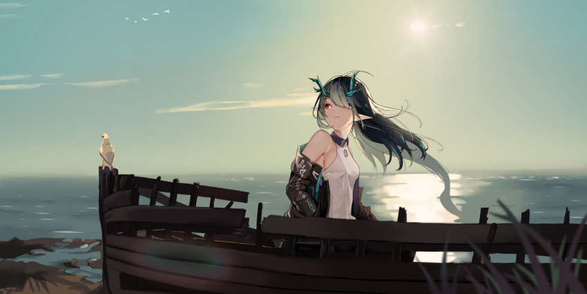 1girl absurdres aqua_hair arknights auguste bare_shoulders bird black_hair black_jacket boat breasts closed_mouth collared_dress day dragon_girl dragon_horns dress dusk_(arknights) gradient_hair hair_over_one_eye highres horizon horns jacket long_sleeves looking_away looking_back multicolored_hair ocean off_shoulder open_clothes open_jacket outdoors pointy_ears red_eyes sideboob small_breasts smile solo sun sunlight upper_body water watercraft white_dress