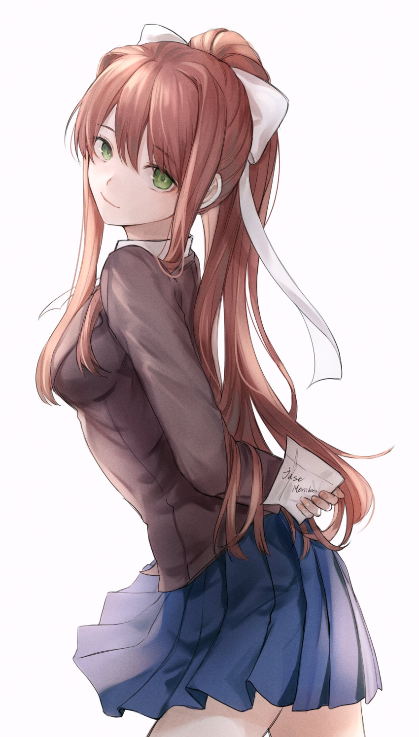 1girl arms_behind_back bangs blue_skirt bow breasts brown_hair closed_mouth cowboy_shot doki_doki_literature_club eyebrows_visible_through_hair from_side green_eyes grey_background hair_bow hair_ribbon highres holding holding_paper jacket long_hair long_sleeves looking_at_viewer medium_breasts miniskirt monika_(doki_doki_literature_club) muuyiie paper pleated_skirt ponytail ribbon simple_background skirt smile solo symbol_commentary white_bow white_ribbon