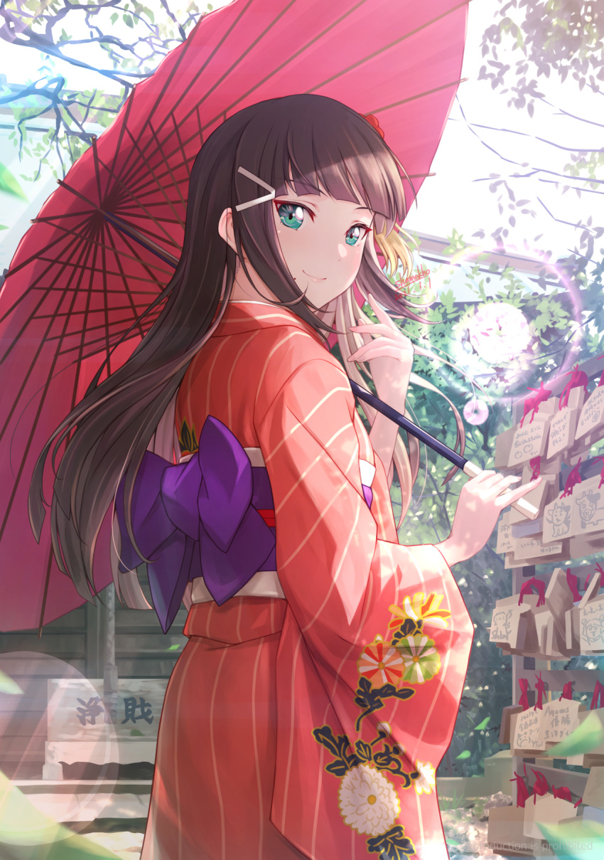 aqua_eyes black_hair duplicate green_eyes hair_ornament hairclip happy_birthday highres japanese_clothes kimono kurosawa_dia long_hair looking_at_viewer love_live! love_live!_sunshine!! mole mole_under_mouth new_year oil-paper_umbrella shamakho smile solo umbrella