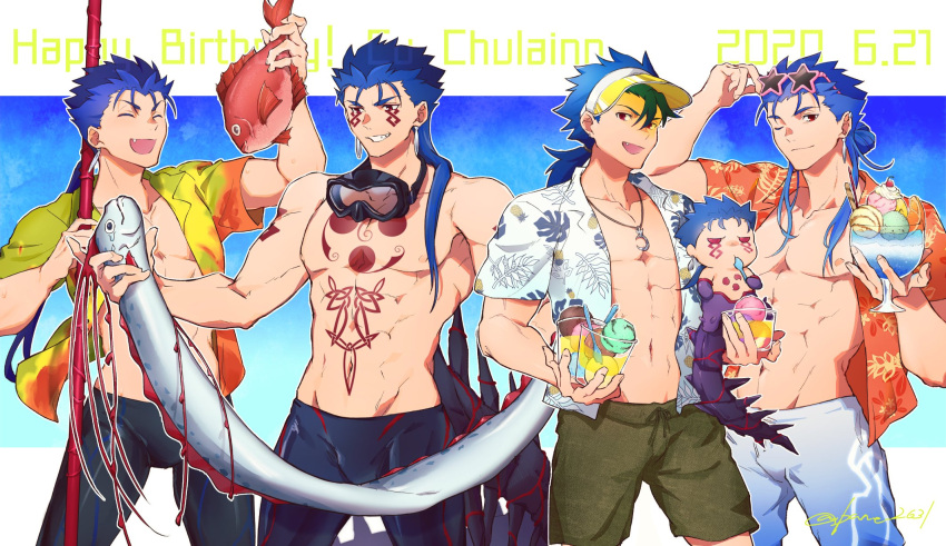 4boys abs alternate_costume alternate_hairstyle bike_shorts blue_hair bodypaint bulge chibi closed_mouth collared_shirt contemporary crescent_necklace cu_chulainn_(fate)_(all) cu_chulainn_(fate/grand_order) cu_chulainn_(fate/prototype) cu_chulainn_alter_(fate/grand_order) cup dark_persona earrings eating eyewear_on_head facepaint fang fate/grand_order fate/prototype fate/stay_night fate_(series) fish food gae_bolg_(fate) goggles goggles_around_neck grin groin hair_bun hawaiian_shirt highres holding holding_cup holding_polearm holding_weapon ice_cream jewelry lancer long_hair looking_at_viewer male_swimwear mini_cu-chan_(fate) multiple_boys muscular navel nipples oarfish one_eye_closed open_clothes open_mouth open_shirt pectorals polearm ponytail red_eyes red_snapper shirt shirtless short_sleeves skin_tight smile spikes spiky_hair swim_trunks swimwear tail visor_cap weapon yukota_2631