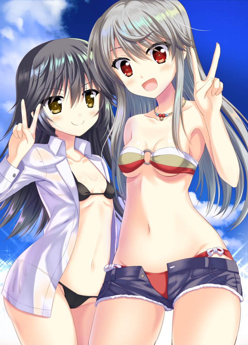 2girls alice_gear_aegis bangs bead_necklace beads bikini bikini_under_clothes black_bikini black_hair blue_shorts blue_sky blush breasts brown_eyes closed_mouth clouds cloudy_sky commentary_request cutoffs day denim denim_shorts dress_shirt endori eyebrows_visible_through_hair grey_eyes highres jewelry jinguuji_mari long_hair long_sleeves looking_at_viewer multiple_girls navel necklace no_pants o-ring o-ring_bikini open_clothes open_fly open_mouth open_shirt outdoors red_bikini red_eyes shinonome_chie shirt shorts side-by-side sky small_breasts smile standing strapless strapless_bikini swimsuit v white_shirt wing_collar