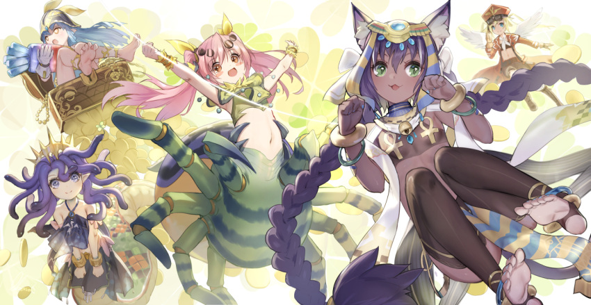 5girls :3 :d angel_wings animal_ear_fluff ankh arachne arms_up barefoot black_hair black_legwear blonde_hair blue_eyes blue_hair blush_stickers braid brown_eyes chinese_commentary clover_theater commentary_request dark_skin dark-skinned_female green_eyes insect_girl lamia long_hair looking_at_viewer monster_girl multiple_girls navel observerz open_mouth outstretched_arms paw_pose pink_hair purple_hair smile snake_hair spider_girl stirrup_legwear thigh-highs toeless_legwear treasure_chest twin_braids twintails very_long_hair wings