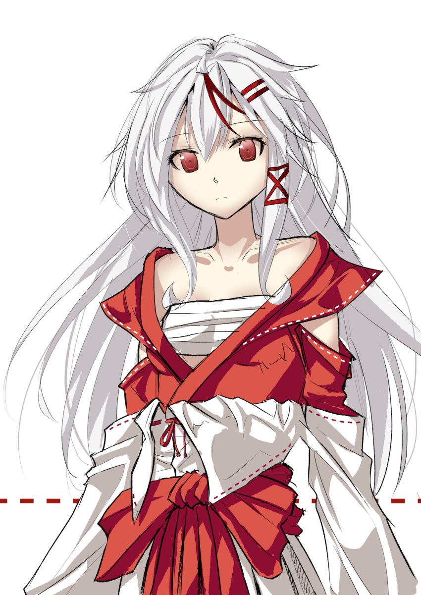 1girl bangs bare_shoulders borrowed_character chinese_zodiac collarbone eyebrows_visible_through_hair grey_hair highres i.takashi japanese_clothes long_hair looking_at_viewer miko multicolored_hair off_shoulder original redhead streaked_hair white_background white_hair year_of_the_rooster