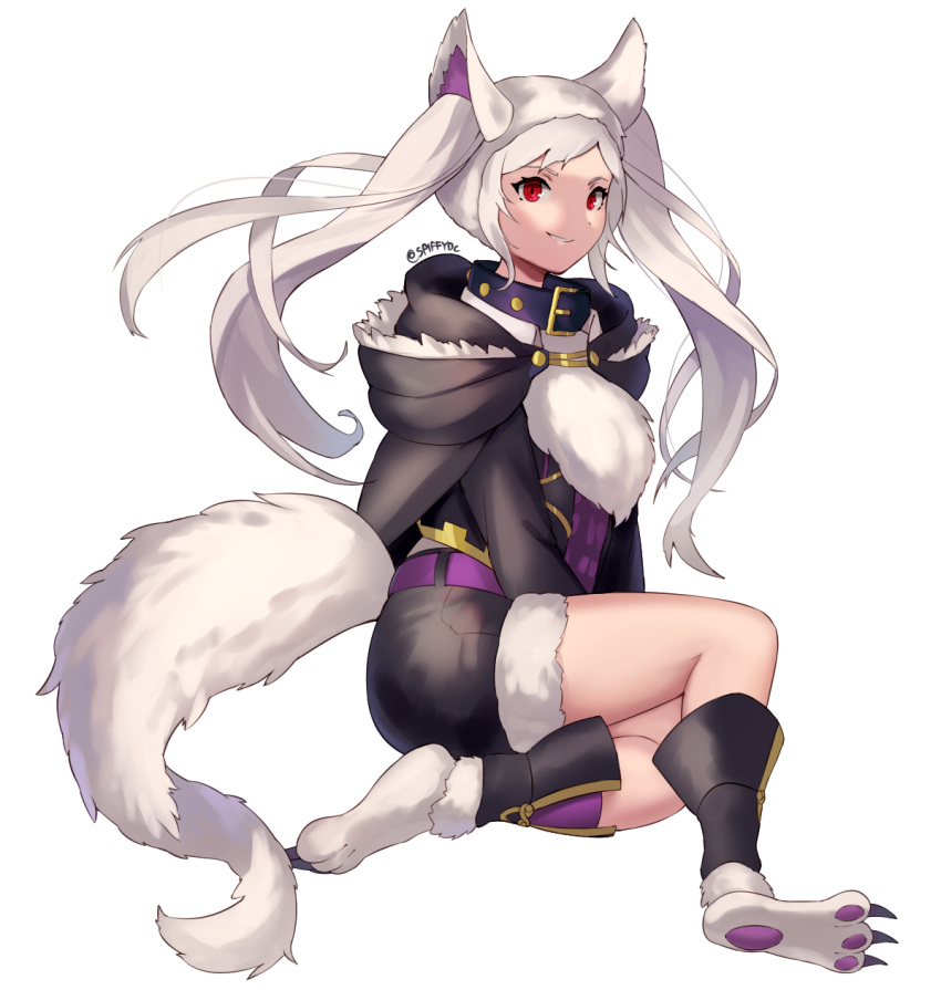 1girl animal_ears collar fire_emblem fire_emblem_awakening fire_emblem_heroes fur_trim grima_(fire_emblem) halloween_costume highres red_eyes robin_(fire_emblem) robin_(fire_emblem)_(female) shorts simple_background solo spiffydc tail twintails twitter_username white_background white_hair wolf_ears wolf_tail