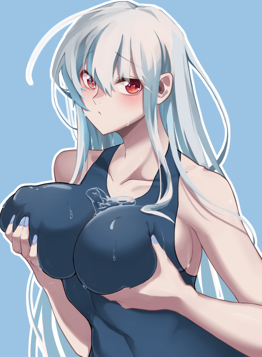 1girl alternate_costume arknights blue_background blue_nails blue_swimsuit blush breasts bust_cup chinese_commentary closed_mouth collarbone covered_nipples deep_skin embarrassed eyebrows_visible_through_hair frown grabbing_own_breast hair_between_eyes heart highres large_breasts long_hair looking_at_viewer nail_polish one-piece_swimsuit outline red_eyes school_swimsuit silver_hair simple_background skadi_(arknights) solo swimsuit tareme upper_body water wet wet_clothes wet_swimsuit yonghu_20251