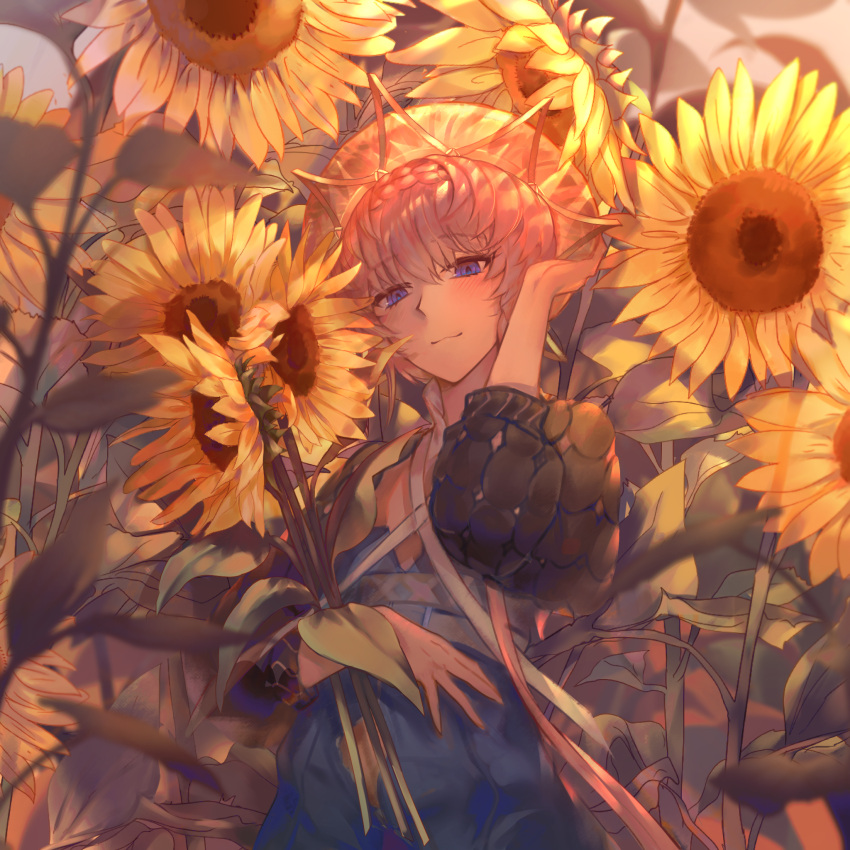 1girl bangs blue_eyes blurry_foreground blush braid breasts commentary_request crown_braid dress eyebrows_visible_through_hair fate/grand_order fate_(series) flower hand_up hat highres holding holding_flower long_hair long_sleeves looking_at_viewer muneomon_(takomon) open_mouth orange_hair puffy_sleeves short_hair side_braid small_breasts smile solo sunflower van_gogh_(fate) yellow_flower