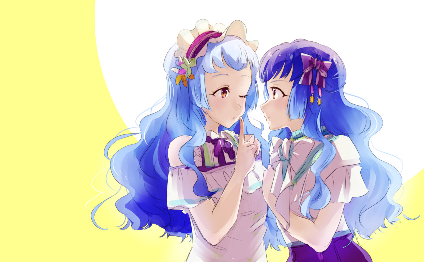2girls :o ;o aikatsu!_(series) aikatsu_friends! bare_shoulders blouse blue_hair blush bow bowtie clothing_cutout finger_to_mouth from_side gradient_hair headdress high-waist_skirt highres index_finger_raised long_hair looking_at_another multicolored multicolored_background multicolored_eyes multicolored_hair multiple_girls oka_paya one_eye_closed open_mouth purple_bow purple_skirt shadow shirayuri_kaguya shirayuri_sakuya short_sleeves shoulder_cutout shushing siblings sideways_mouth simple_background sisters skirt twins two-tone_background upper_body violet_eyes wavy_hair white_background white_blouse white_bow yellow_background yellow_eyes