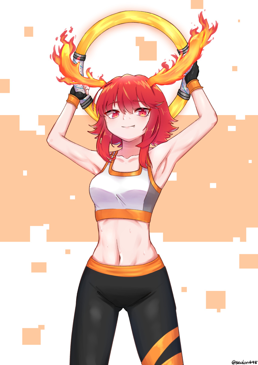 1girl abs arm_up armpits looking_at_viewer original original_character red_eyes red_hair ring_fit_adventure simple_background smile sport sports_bra sportswear sweat sweating tight_pants