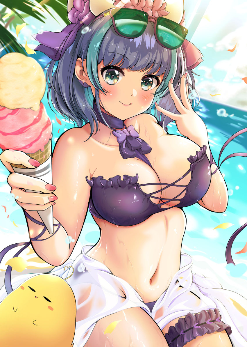 1girl :q absurdres aqua_eyes aqua_hair arm_garter azur_lane bikini breasts cheshire_(azur_lane) cheshire_(summery_date!)_(azur_lane) dutch_angle eyebrows_visible_through_hair eyewear_on_head flower food hair_flower hair_ornament highres holding holding_food ice_cream ice_cream_cone large_breasts leg_garter long_ribbon looking_at_viewer manjuu_(azur_lane) multicolored_hair ocean official_alternate_costume pink_nails plant purple_bikini purple_hair sarong see-through short_hair solo stomach strapless strapless_bikini streaked_hair summer sunglasses swimsuit swimwear tinted_eyewear tongue tongue_out water wet yashita_saki