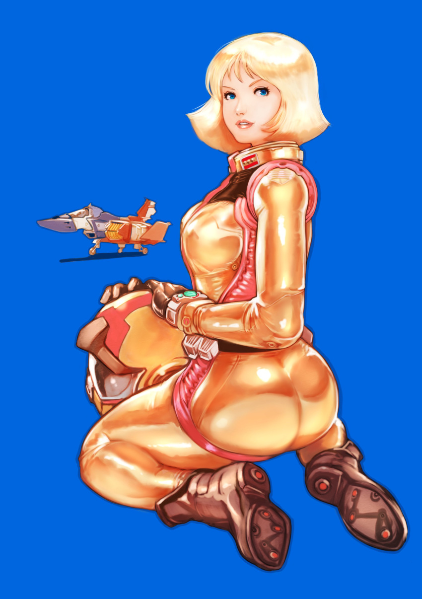 1girl absurdres ass blonde_hair blue_background blue_eyes boots breasts brown_footwear core_fighter gloves gundam helmet highres holding holding_helmet looking_back medium_breasts mobile_suit_gundam parted_lips pilot_suit rx-78-2 sayla_mass science_fiction sitting solo_focus twisted_torso v-shaped_eyebrows vigwer wariza