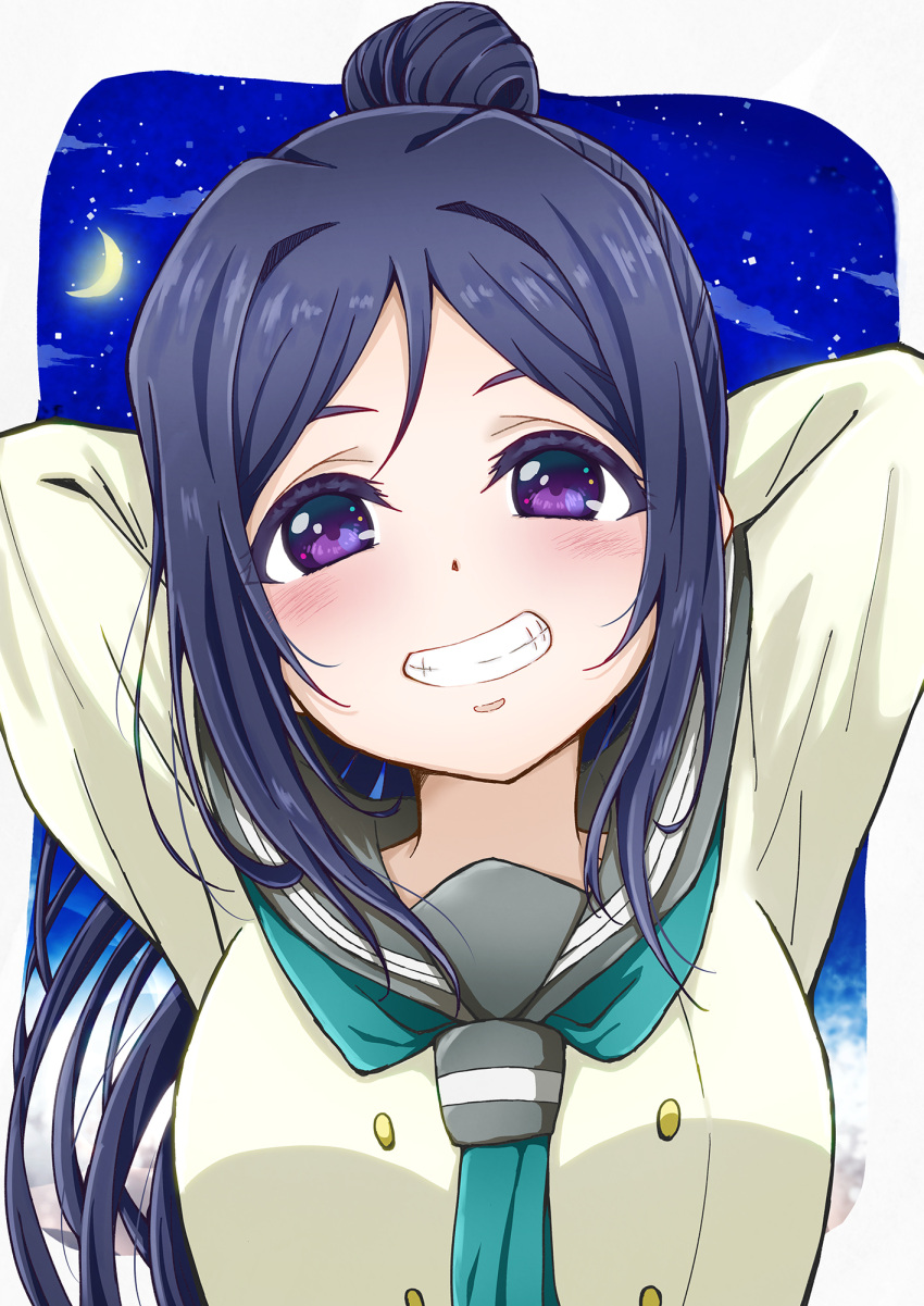 1girl bangs birthday blue_hair breasts commentary_request crescent_moon grin highres long_hair long_sleeves looking_at_viewer love_live! love_live!_sunshine!! matsuura_kanan medium_breasts moon ponytail school_uniform sidelocks sky smile solo star_(sky) starry_sky uranohoshi_school_uniform violet_eyes yuupenman