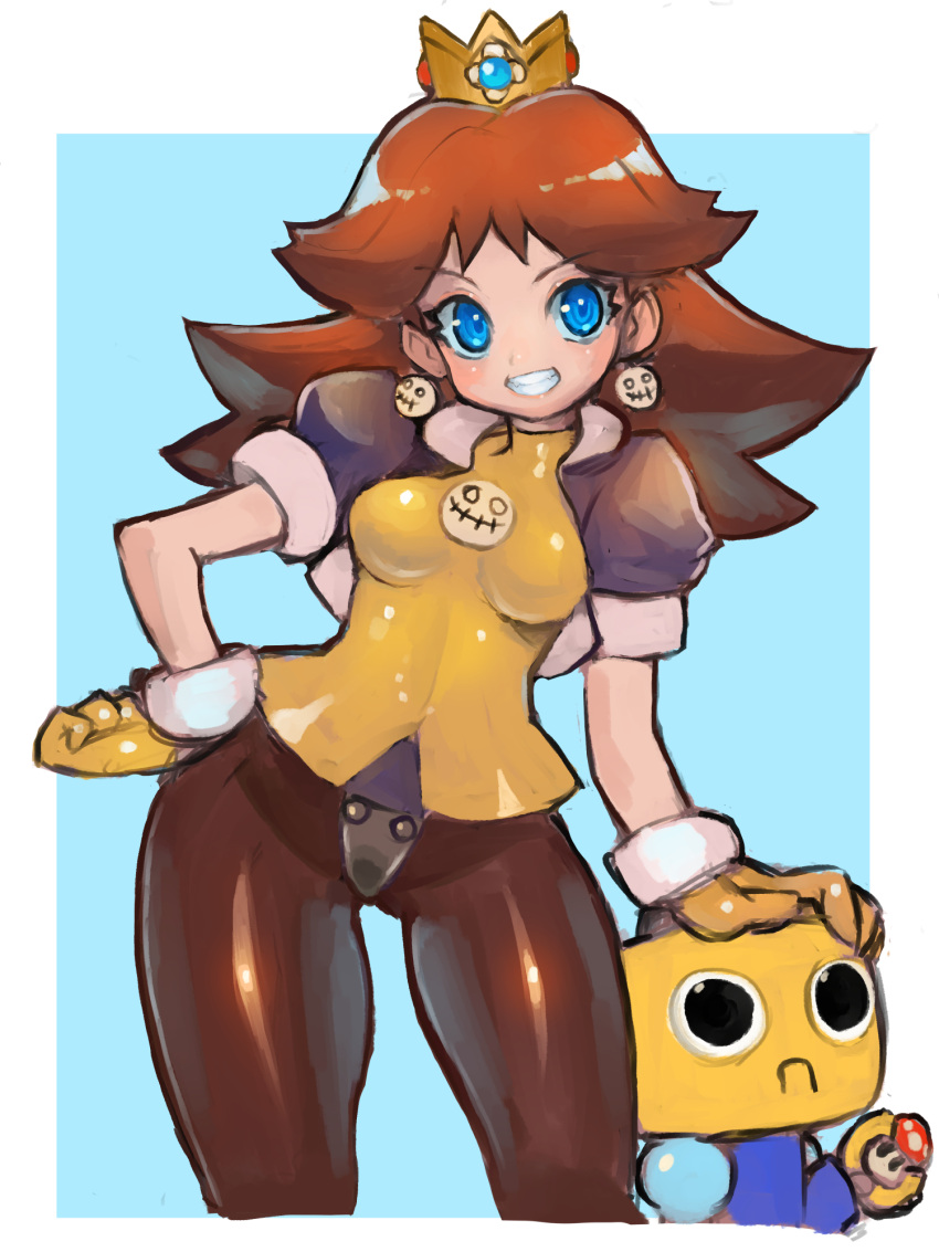 1girl blue_background blue_eyes blush breasts brown_hair cosplay cropped_jacket crown dakusuta earrings gloves green_eyes grin hand_on_another's_head hand_on_hip highres jewelry kobun long_hair looking_at_viewer super_mario_bros. pantyhose princess_daisy robot rockman rockman_dash smile tron_bonne tron_bonne_(cosplay)