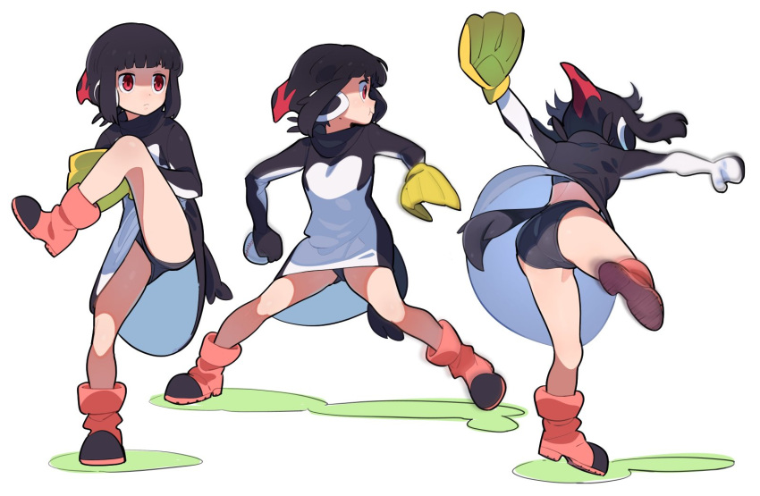 1girl :t action adelie_penguin_(kemono_friends) ankle_boots ass ball baseball baseball_mitt black_dress black_hair black_panties boots commentary_request dress flat_ass full_body highres holding holding_ball kazue_nishiki kemono_friends panties pantyshot penguin_girl penguin_tail pink_footwear pitching red_eyes serious solo sport tail throwing two-tone_dress underwear upskirt white_dress