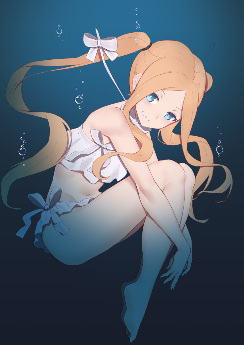 1girl abigail_williams_(fate) abigail_williams_(swimsuit_foreigner)_(fate) bangs bare_shoulders bikini blonde_hair blue_eyes bow breasts fate/grand_order fate_(series) forehead hair_bow highres jilu legs long_hair miniskirt navel parted_bangs sidelocks skirt small_breasts swimsuit twintails underwater very_long_hair white_bikini white_bow