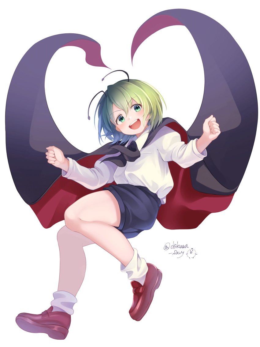 1girl absurdres antennae artist_name black_neckwear black_shorts blouse cape chikuwa_savy clenched_hands commentary eyebrows_visible_through_hair green_eyes green_hair highres long_sleeves looking_at_viewer mary_janes neckerchief open_mouth red_footwear shoes shorts simple_background socks solo touhou twitter_username two-sided_cape two-sided_fabric upper_teeth white_background white_blouse white_legwear wriggle_nightbug