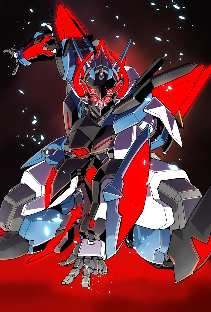 absurdres amakawa_mayu black_background extra_eyes glowing glowing_eyes hand_on_ground highres looking_at_viewer mecha no_humans open_hands original red_eyes science_fiction solo squatting