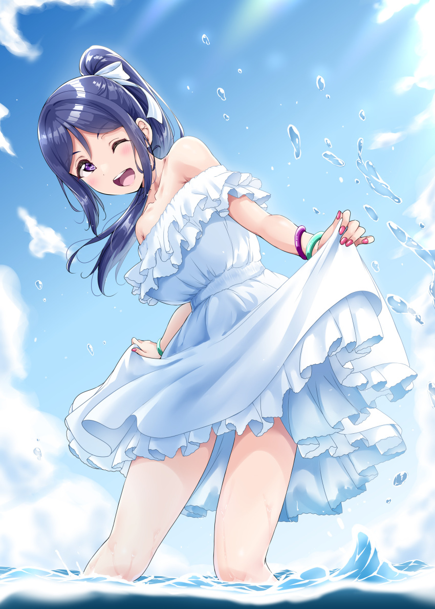 1girl :d absurdres bangle bangs bare_shoulders blue_hair blue_sky blush bracelet breasts clouds collarbone dress dress_lift eyebrows_visible_through_hair frilled_dress frills hair_ribbon high_ponytail highres in_water jewelry large_breasts lifted_by_self love_live! love_live!_sunshine!! matsuura_kanan nail_polish ocean off-shoulder_dress off_shoulder one_eye_closed open_mouth outdoors pillow ponytail ribbon shiny shiny_hair sidelocks sky sleeveless sleeveless_dress smile solo sunlight upper_teeth violet_eyes water water_drop white_ribbon yopparai_oni
