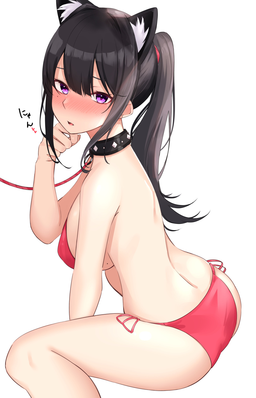 1girl absurdres animal_ears back bare_arms bare_shoulders between_legs bikini black_choker black_hair blush breasts cat_ears choker commentary_request from_side highres ichiki_1 large_breasts leash long_hair looking_at_viewer mole mole_on_breast mole_under_eye nose_blush original parted_lips ponytail red_bikini side-tie_bikini simple_background sitting solo string_bikini swimsuit thighs violet_eyes wariza white_background