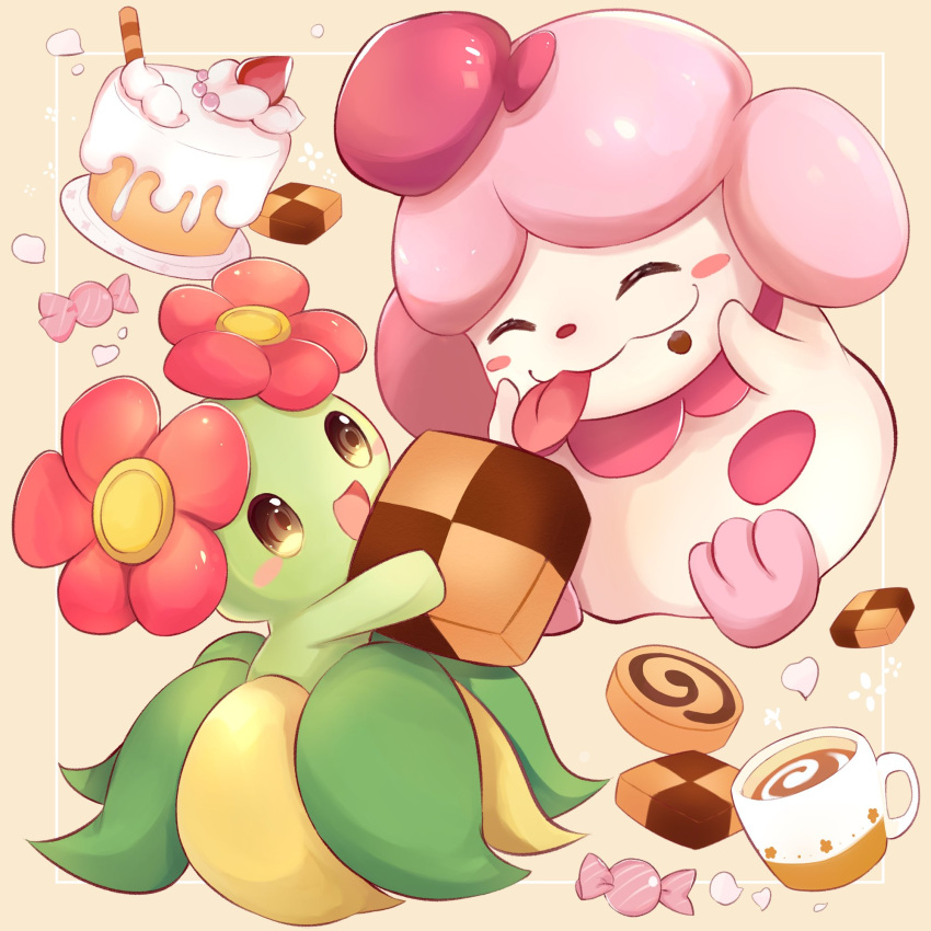 :d bellossom blush_stickers brown_eyes cake candy_wrapper closed_eyes commentary_request cream cup food food_on_face gen_2_pokemon gen_6_pokemon goma_(nabepa_nabepa) highres holding liquid mug open_mouth pokemon pokemon_(creature) slurpuff smile swiss_roll tongue tongue_out