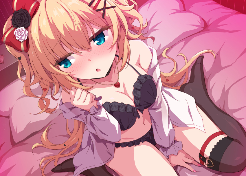 1girl akai_haato aqua_eyes bangs black_bra black_legwear black_panties blonde_hair blush bow bra breasts collared_shirt dress_shirt hair_bow highres hololive jewelry long_hair long_sleeves looking_to_the_side marugoshi_(54burger) necklace on_bed open_clothes open_mouth open_shirt panties pendant pillow shirt sitting thigh-highs two_side_up underwear very_long_hair wariza white_shirt