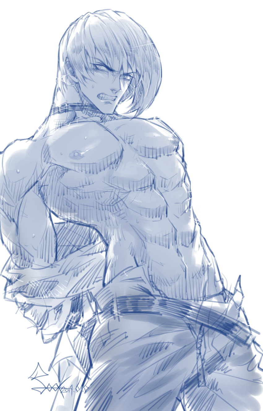 1boy abs arms_behind_back belt blush choker clenched_teeth eyebrows_visible_through_hair glint hair_between_eyes hatching_(texture) highres male_focus monochrome muscular muscular_male navel nipples signature simple_background solo spade-m teeth the_king_of_fighters white_background yagami_iori zipper zipper_pull_tab