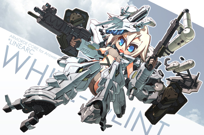 1girl armored_core armored_core:_for_answer blonde_hair blue_eyes breasts brown_shorts dual_wielding floating from_below glowing gun hair_between_eyes highres holding holding_gun holding_weapon horns looking_down mecha_musume navel personification science_fiction short_hair shorts single_horn small_breasts solo sports_bra strap susagane weapon white_glint