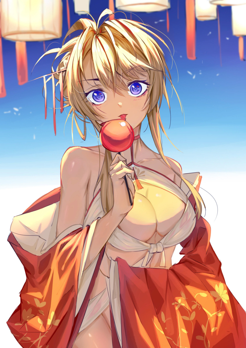 1girl absurdres azur_lane bare_shoulders breasts center_opening chinese_new_year cleavage_cutout clothing_cutout dress glorious_(azur_lane) glorious_(pungent_plum)_(azur_lane) hair_between_eyes hair_ornament highres kanzashi large_breasts licking looking_at_viewer neck_ribbon neckwear off_shoulder official_alternate_costume red_dress revealing_clothes ribbon solo soranoki tied_hair violet_eyes wakamezake wide_sleeves