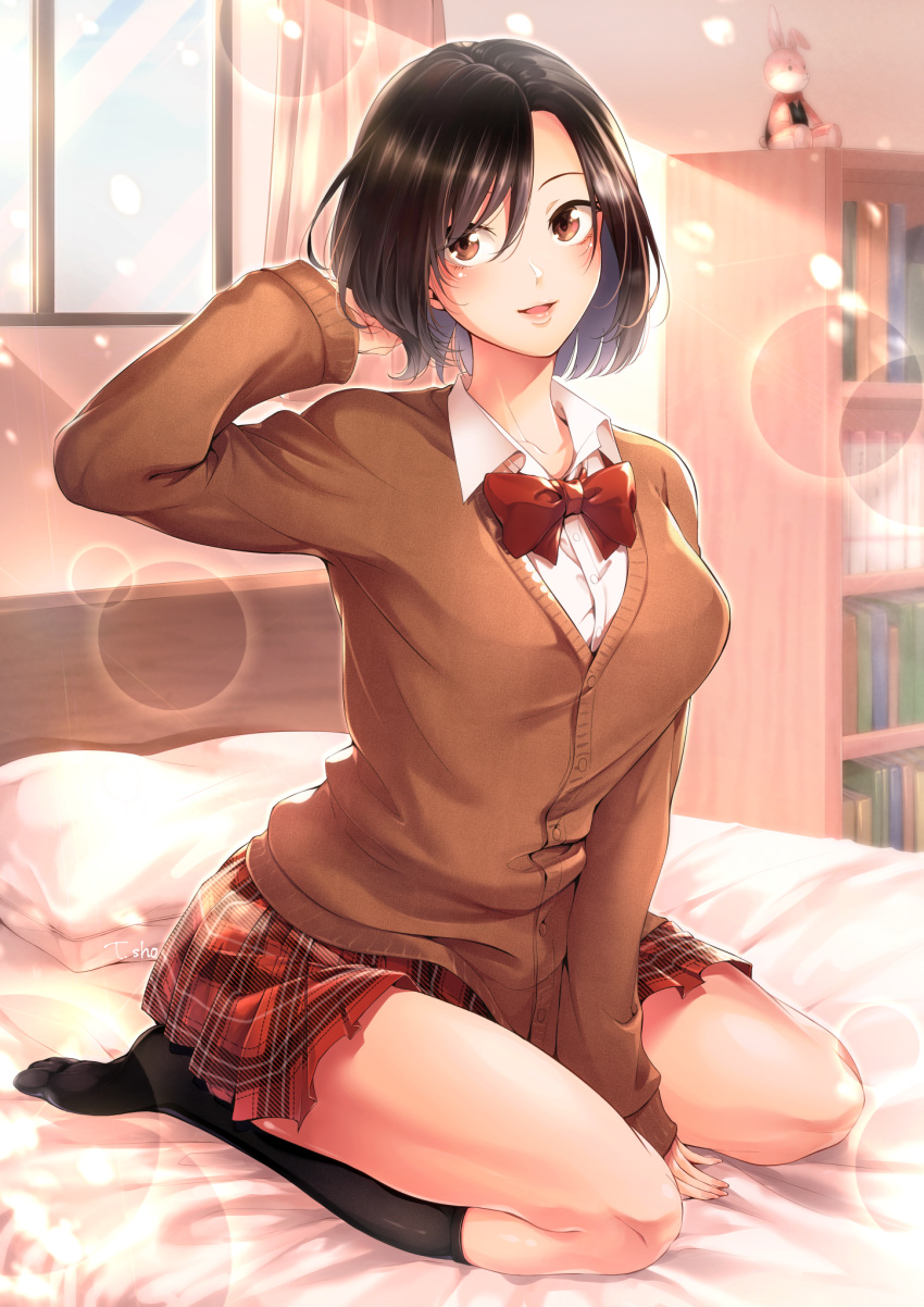 1girl artist_name backlighting bangs bed between_legs black_hair black_legwear blush bookshelf bow bowtie breasts brown_cardigan brown_eyes cardigan dress_shirt hair_tousle hand_between_legs hand_up highres indoors kneehighs lens_flare lips looking_at_viewer no_shoes on_bed original parted_bangs parted_lips pillow plaid plaid_skirt pleated_skirt red_neckwear red_skirt school_uniform seiza shirt short_hair signature sitting skirt smile solo sunlight takao_sho window