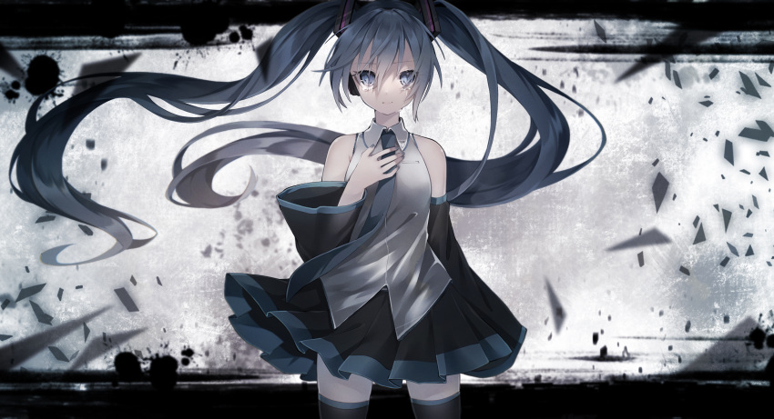 1girl absurdres black_skirt blue_eyes blue_nails blue_neckwear collared_shirt crying detached_sleeves film_grain hair_between_eyes hatsune_miku highres long_hair necktie nuko_0108 pleated_skirt shirt skirt solo tears thigh-highs twintails vocaloid white_shirt