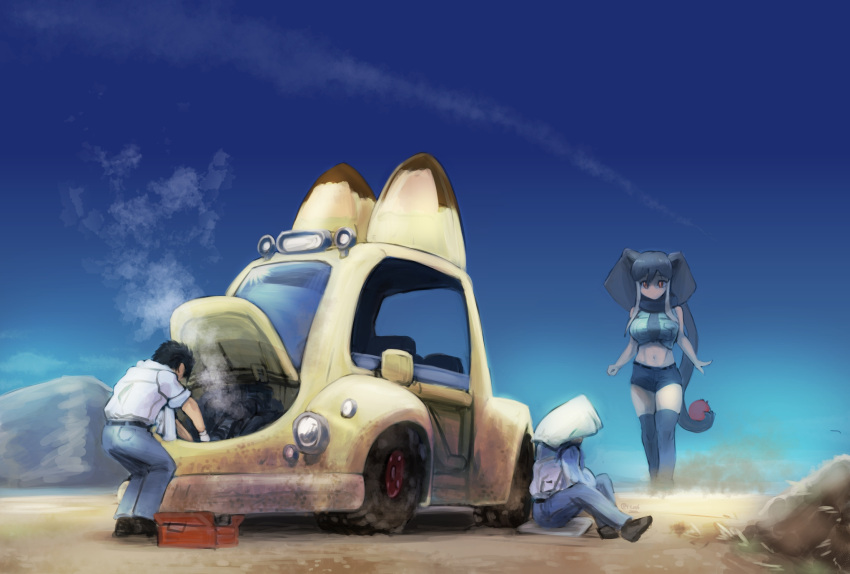 1boy 2girls african_elephant_(kemono_friends) animal_ears bent_over breasts car clouds denim denim_shorts desert elephant_ears elephant_girl giant giantess ground_vehicle highres kemono_friends large_breasts looking_to_the_side midriff motor_vehicle multiple_girls navel oberon826 red_eyes shorts sitting sky smoke thigh-highs walking