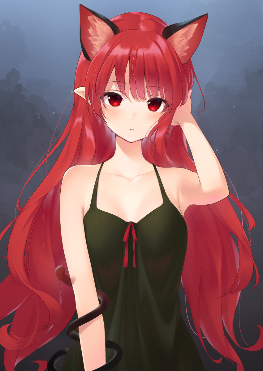 1girl alternate_hairstyle animal_ears blue_background braid cat_ears cat_tail collarbone commentary dress extra_ears eyebrows_visible_through_hair eyelashes gradient gradient_background green_dress hair_down hand_in_hair highres kaenbyou_rin kanpa_(campagne_9) light_blush long_hair looking_at_viewer nekomata off_shoulder parted_lips red_eyes red_ribbon redhead ribbon simple_background sleeveless sleeveless_dress solo sundress tail touhou twin_braids very_long_hair