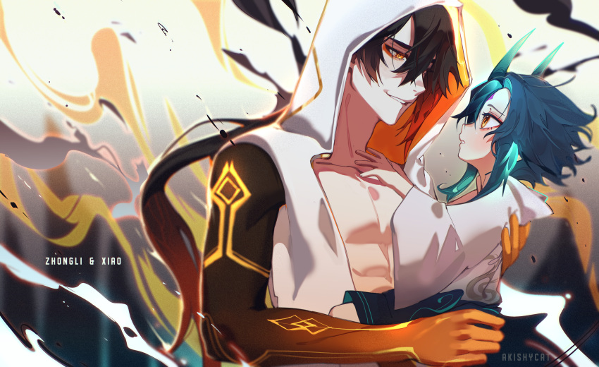 2boys akishycat arm_tattoo bangs bare_shoulders black_hair blush brown_hair child cloak collarbone facial_mark forehead_mark genshin_impact green_hair hair_between_eyes highres holding holding_another hood hood_up hooded_cloak horns long_hair looking_at_another male_focus multicolored_hair multiple_boys one_eye_covered open_cloak open_clothes open_mouth parted_bangs pectorals ponytail sleeveless slit_pupils smile tattoo toned toned_male xiao_(genshin_impact) yellow_eyes younger zhongli_(genshin_impact)