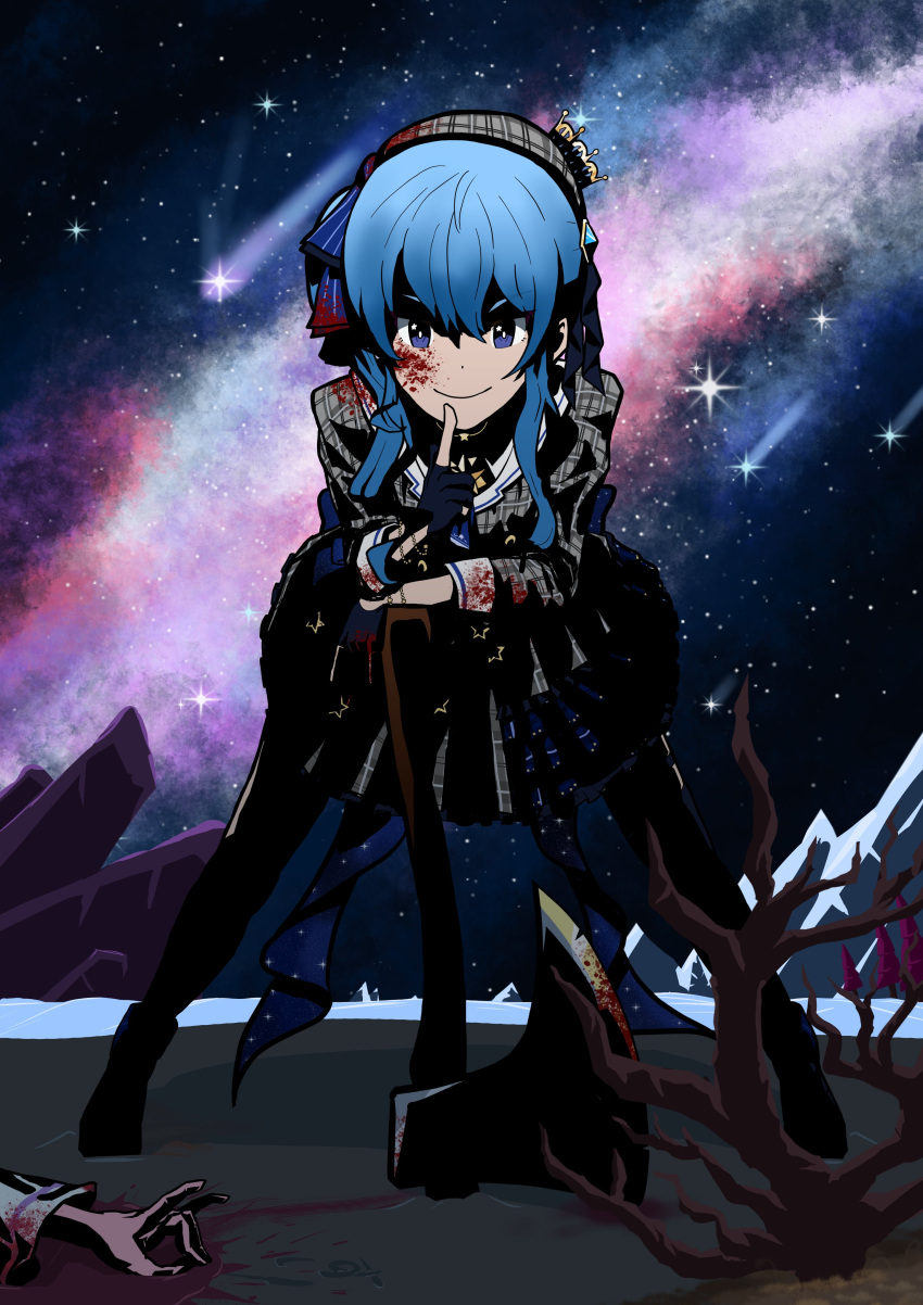 2girls absurdres axe beret black_gloves black_legwear blood blood_on_face bloody_axe bloody_clothes bloody_weapon blue_eyes blue_hair boots bow corpse dark dying_message finger_to_mouth gloves grin hat highres hololive hoshimachi_suisei karmachameleon krita_(medium) leaning_forward leaning_on_object long_hair looking_at_viewer moonlight mountainous_horizon multiple_girls nebula night partially_fingerless_gloves plaid plaid_skirt planted_weapon project_winter ringlets shaded_face shirakami_fubuki shooting_star side_ponytail sidelocks skirt sky smile socks solo_focus standing star_(sky) starry_background starry_sky striped striped_bow thigh-highs virtual_youtuber wavy_hair weapon winter