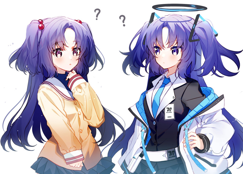 2girls :&lt; ? blue_archive blush clannad hair_ornament halo highres ichinose_kotomi id_card jacket kawachi_rin long_hair look-alike looking_at_viewer multiple_girls purple_hair simple_background twintails two_side_up violet_eyes white_background yuuka_(blue_archive)