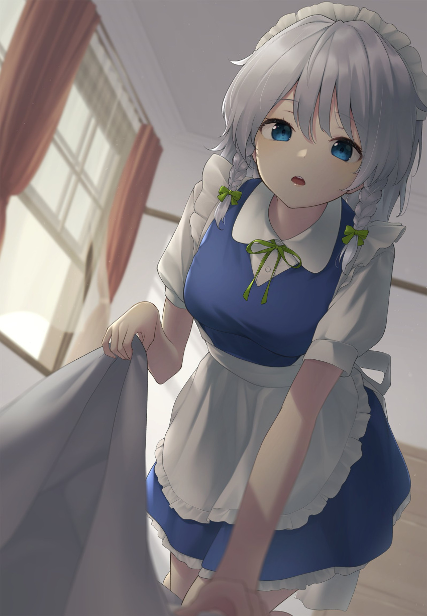 1girl apron arm_support bangs blue_dress blue_eyes blurry blurry_foreground bow braid breasts commentary_request curtains depth_of_field dress eyebrows_visible_through_hair frilled_apron frills green_bow green_neckwear green_ribbon hair_between_eyes hair_bow headdress highres holding_blanket indoors izayoi_sakuya kanpa_(campagne_9) light_particles looking_at_viewer maid maid_headdress medium_breasts medium_hair neck_ribbon open_mouth pov puffy_short_sleeves puffy_sleeves ribbon sash see-through shirt short_hair short_sleeves silver_hair solo touhou twin_braids waist_apron waking_another white_apron white_sash white_shirt wind window