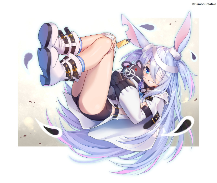 1girl animal_ears ass bandage_on_knee bandage_over_one_eye bandaged_leg bandages bike_shorts black_shorts blue_eyes boots cape choker commentary_request doll_joints ear_tag elbow_gloves gloves highres hood joints knees_up legs legs_up linmiu_(smilemiku) little_witch_nobeta long_hair lying monica_(little_witch_nobeta) object_hug official_art on_back rabbit_ears short_shorts shorts silver_hair smile socks solo striped_footwear stuffed_animal stuffed_toy tabard teddy_bear thighs two_side_up very_long_hair white_cape white_footwear white_gloves white_tabard