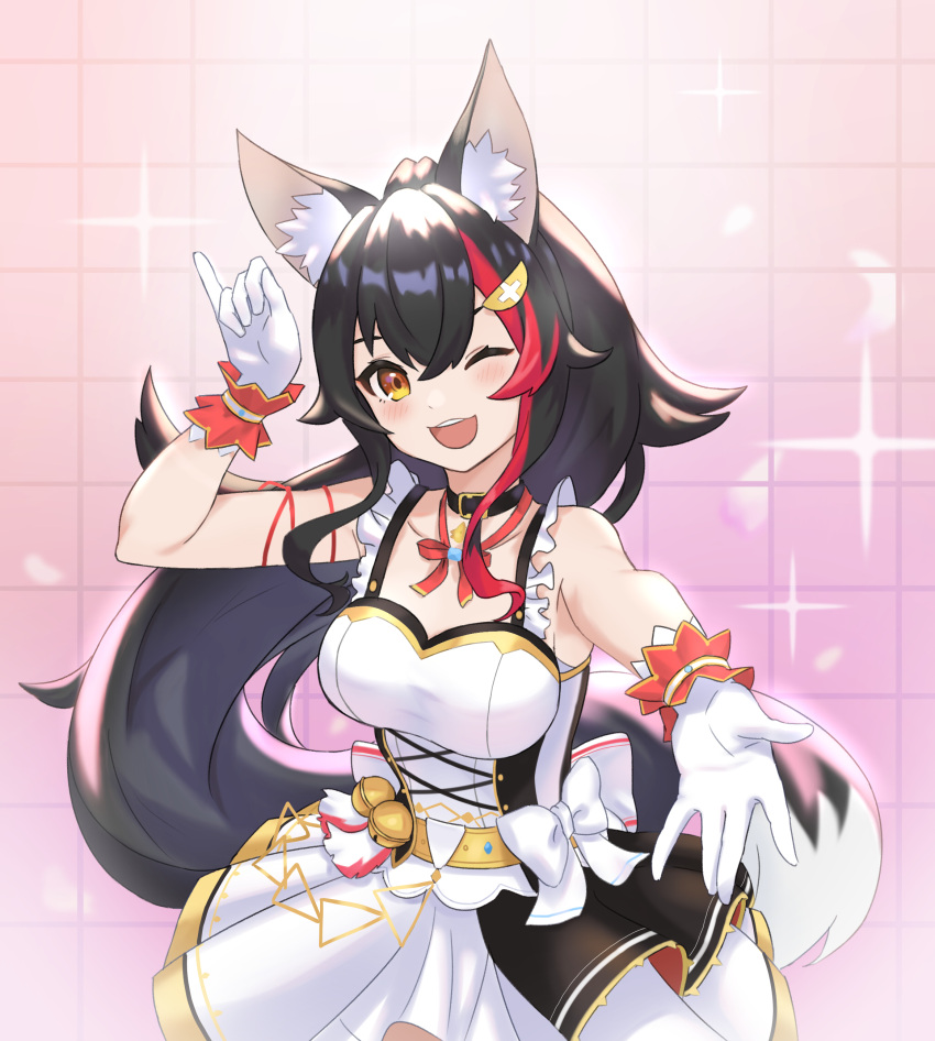 1girl ;d absurdres animal_collar animal_ear_fluff animal_ears arm_up bangs bare_arms bare_shoulders bell black_choker black_collar black_hair blush bow bowtie breasts choker collar cowboy_shot cross-laced_clothes frilled_straps frills gloves hair_between_eyes hair_ornament hairclip highres hololive idol idol_clothes jingle_bell jiu_fanglianhua layered_skirt long_hair looking_at_viewer medium_breasts multicolored_hair nonstop_story one_eye_closed ookami_mio open_mouth pinky_out ponytail reaching_out red_neckwear redhead shirt sidelocks skirt skirt_set sleeveless smile solo streaked_hair two-tone_shirt upper_teeth very_long_hair virtual_youtuber white_gloves white_hair white_shirt wolf_ears wolf_girl yellow_eyes