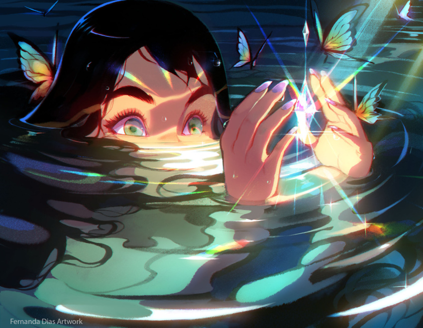 1girl black_hair bug butterfly eyelashes fernanda_dias fingernails gem glowing green_eyes highres insect long_fingernails original partially_submerged purple_nails solo thick_eyebrows water wet wet_hair