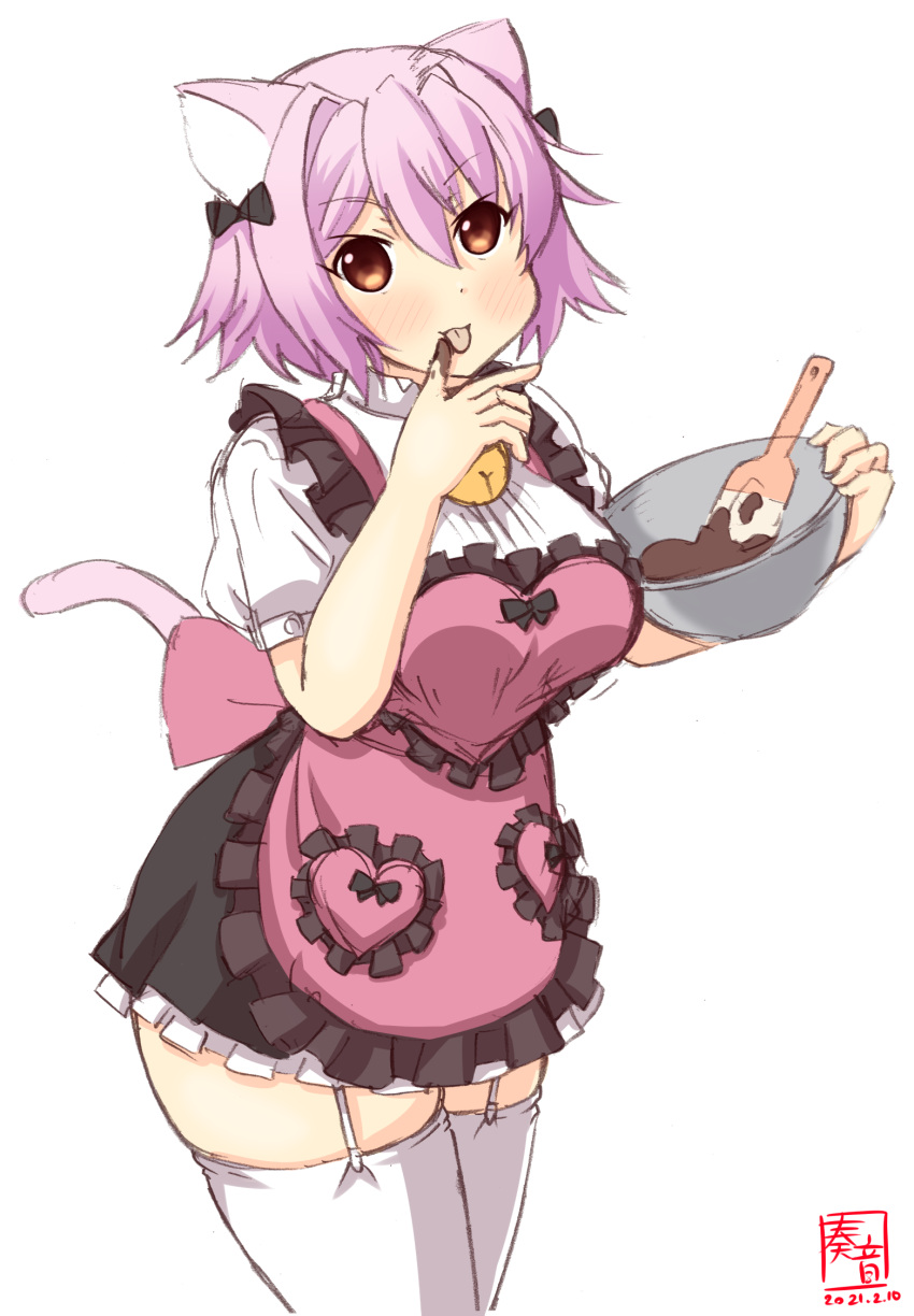 1girl alternate_costume animal_ears apron artist_logo bell black_skirt bowl cat_ears cat_tail chocolate commentary_request cowboy_shot dated dress_shirt frilled_apron frilled_skirt frills garter_straps highres jingle_bell kanon_(kurogane_knights) kantai_collection kemonomimi_mode licking looking_at_viewer pink_apron pink_hair puffy_short_sleeves puffy_sleeves red_eyes shirt short_hair short_sleeves simple_background skirt solo spatula standing tail tama_(kancolle) thigh-highs tongue tongue_out white_background white_legwear white_shirt