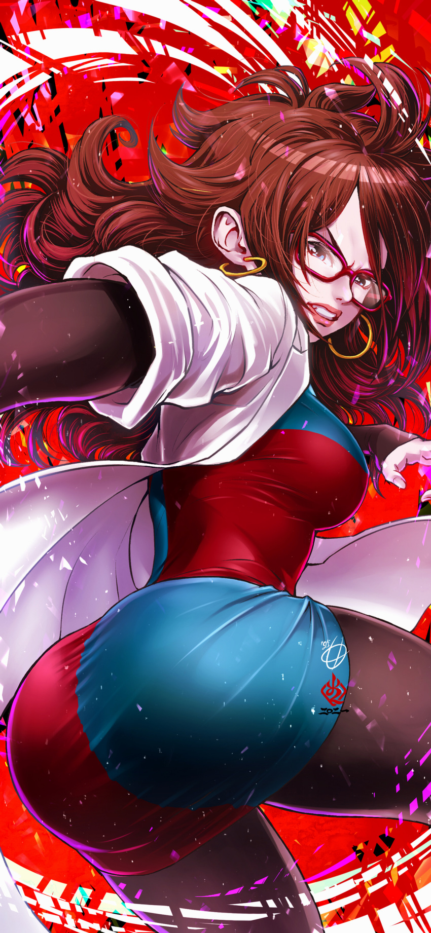 1girl absurdres amaguchi_chiyoko android_21 ass bangs black_legwear blue_eyes breasts brown_hair clenched_teeth coat dragon_ball dragon_ball_fighterz earrings from_behind highres hoop_earrings jewelry labcoat large_breasts long_bangs looking_back messy_hair pantyhose solo taut_clothes teeth wavy_hair white_coat