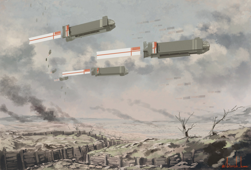 aircraft airship asterisk_kome commentary day dirigible flag grey_sky horizon no_humans outdoors overcast scenery smoke trench twitter_username winged_fusiliers