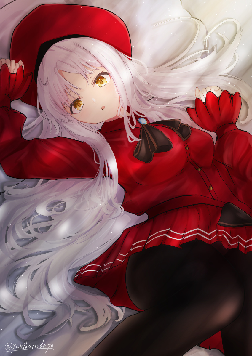 1girl absurdres bangs beret black_legwear blush breasts brooch caren_hortensia dress fate/grand_order fate_(series) hat highres jewelry knee_up light_rays long_hair long_sleeves looking_at_viewer lying medium_breasts neck_ribbon on_back on_bed open_mouth pantyhose pillow red_dress red_headwear ribbon thighs wavy_hair white_hair yellow_eyes yuki_haru