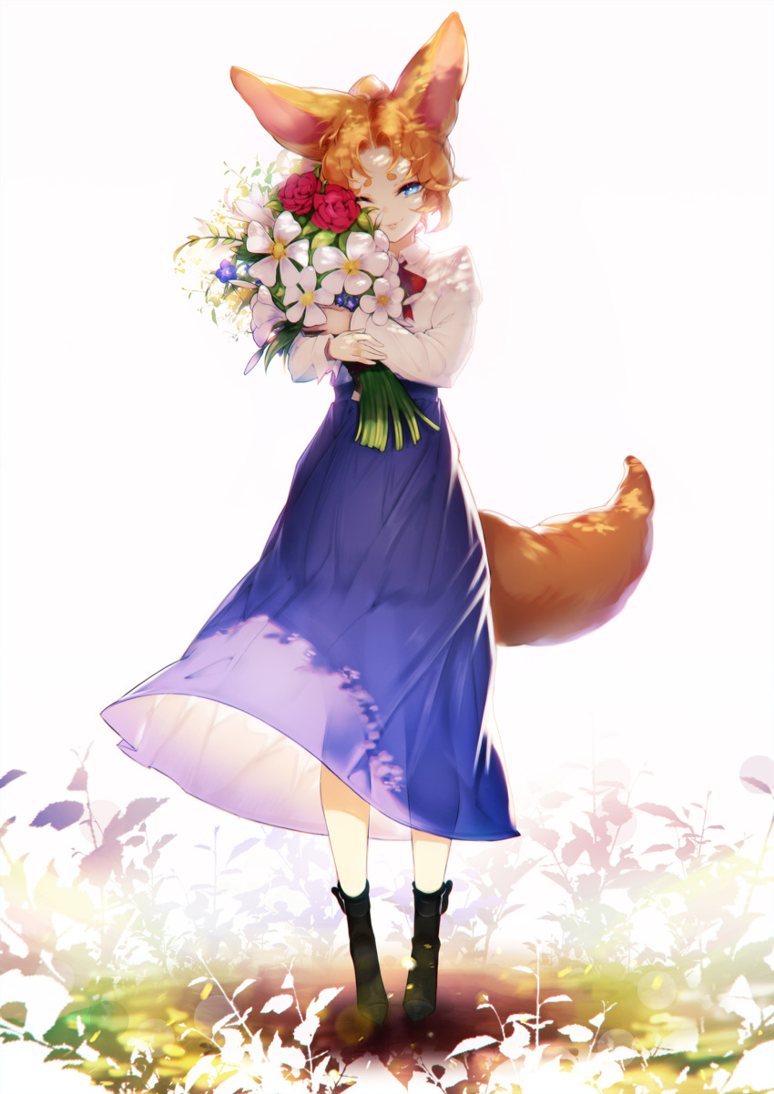 1girl animal_ears black_footwear blue_eyes blue_flower blue_skirt blueorca bouquet dress eyes_visible_through_hair flower fox_ears fox_tail highres holding holding_bouquet long_skirt looking_at_viewer medium_hair object_hug one_eye_closed orange_hair original parted_lips plant red_flower red_neckwear red_rose rose see-through see-through_silhouette short_eyebrows silhouette simple_background skirt smile solo standing tail white_background white_flower