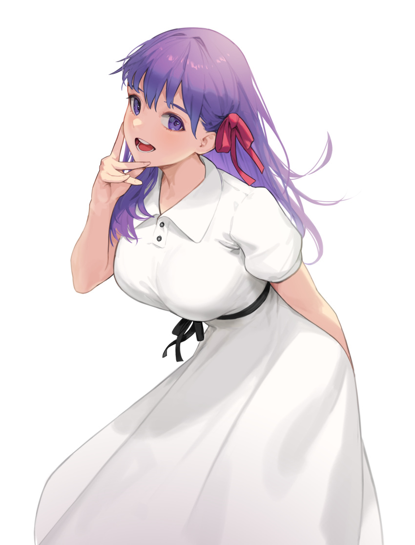 1girl absurdres arm_behind_back breasts dress fate/stay_night fate_(series) hand_on_own_face heaven's_feel heleif highres large_breasts leaning_forward long_hair looking_at_viewer matou_sakura oslo purple_hair red_ribbon ribbon round_teeth smile solo teeth violet_eyes white_dress