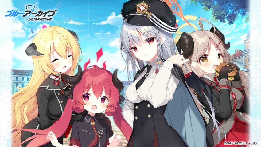 4girls ahoge akari_(blue_archive) blonde_hair blue_archive blush brown_hair closed_eyes commentary_request copyright_name fang hair_between_eyes haruna_(blue_archive) hat horns junko_(blue_archive) military_jacket multiple_girls official_art open_mouth redhead shiratama_(shiratamaco) smile violet_eyes