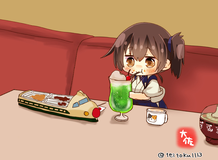 1girl blue_hakama bowl brown_eyes brown_hair cherry chibi cup drink drinking_straw food food_on_face fruit ground_vehicle hakama hakama_skirt happy japanese_clothes kaga_(kancolle) kantai_collection long_hair mug sipping solo taisa_(kari) tasuki toy toy_train