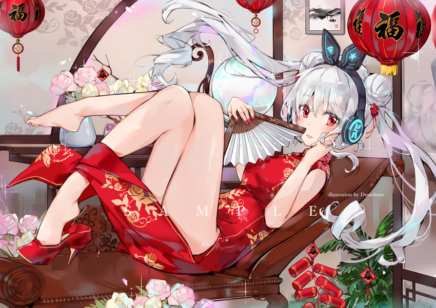 1girl animal_ear_headphones artist_name bare_arms bare_shoulders barefoot breasts china_dress chinese_clothes commentary_request dema_hmw double_bun dress flower full_body high_heels highres indoors knees_up krt_girls lantern looking_at_viewer lying medium_breasts nail_polish nana_(krt_girls) neon_trim new_year on_back paper_lantern parted_lips pelvic_curtain pink_flower pink_rose red_dress red_eyes red_footwear red_nails rose shoes silver_hair single_shoe sleeveless sleeveless_dress smile solo twintails vase white_flower white_rose