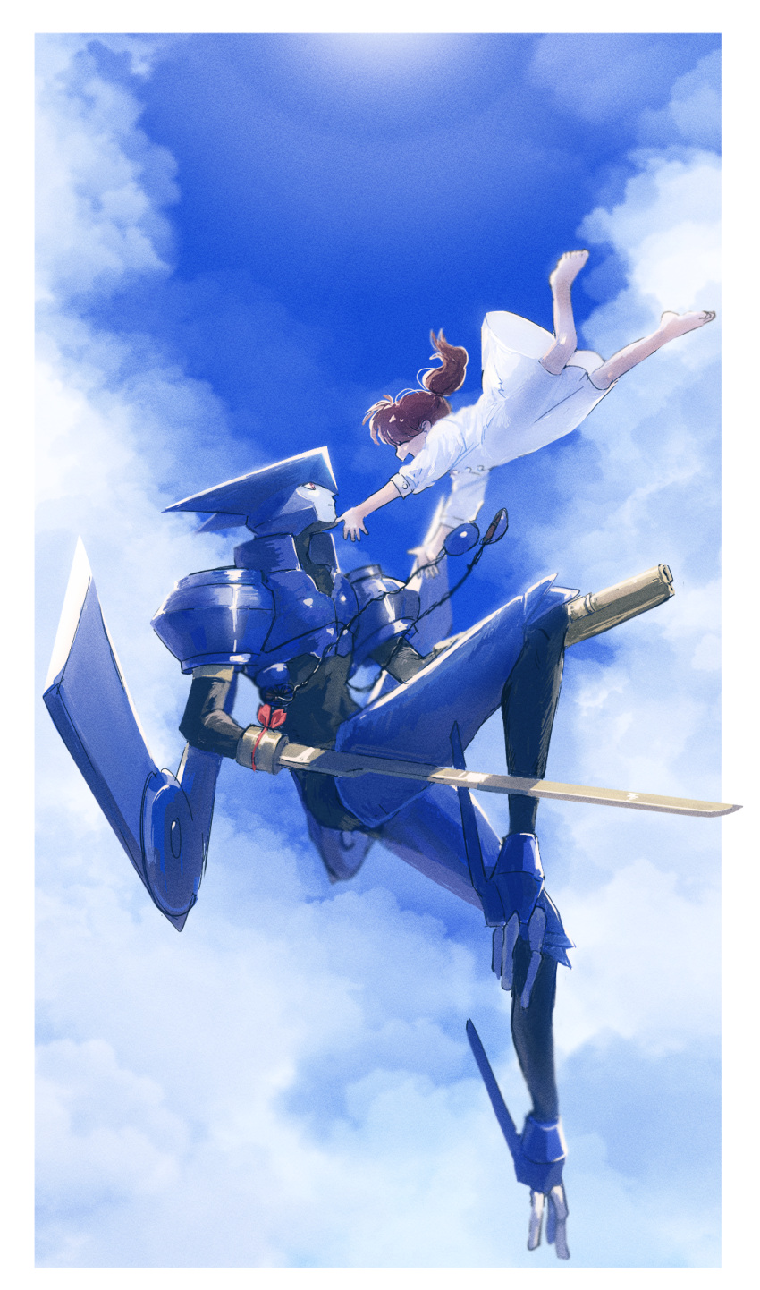 1boy 1girl android asagi_marin barefoot blade blue_skin blue_sky brigadoon brown_hair closed_eyes closed_mouth clouds cloudy_sky colored_skin dress film_grain highres melan_blue onieitomakiei open_mouth outdoors ponytail red_eyes sky smile weapon white_dress wings